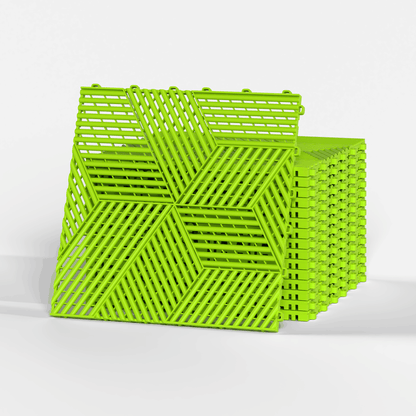ULTRACUBE garage floor tile in Electric Green, a stack of tiles