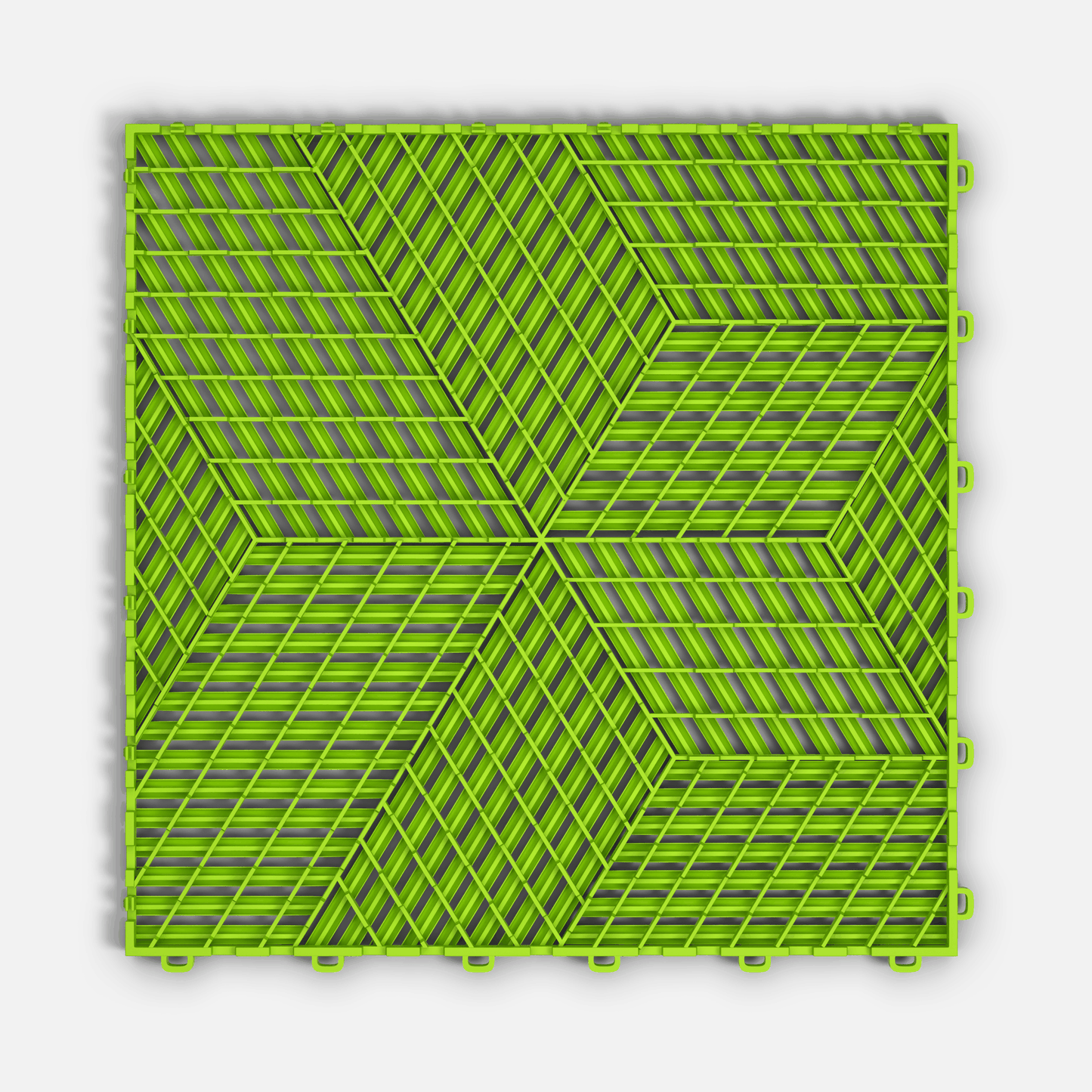 ULTRACUBE garage floor tile in Electric Green, underside showing the ventilation channels