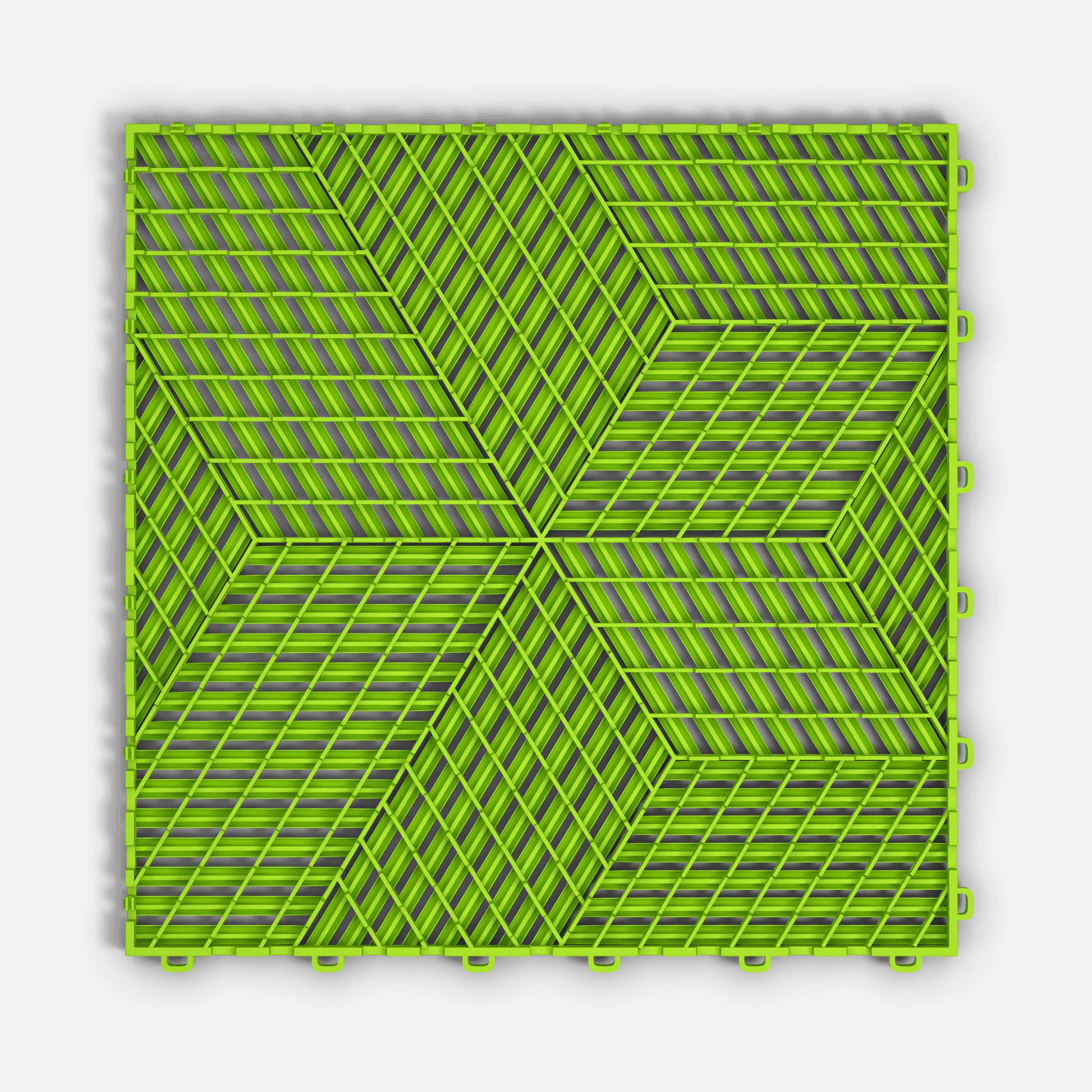 ULTRACUBE garage floor tile in Electric Green, underside showing the ventilation channels