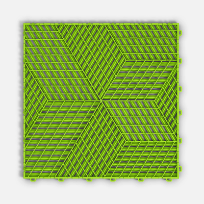 ULTRACUBE garage floor tile in Electric Green, underside showing the ventilation channels