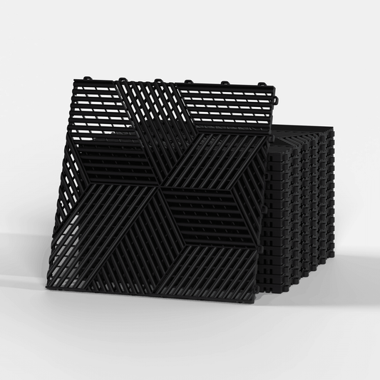 ULTRACUBE garage floor tile in Jet Black, a stack of tiles