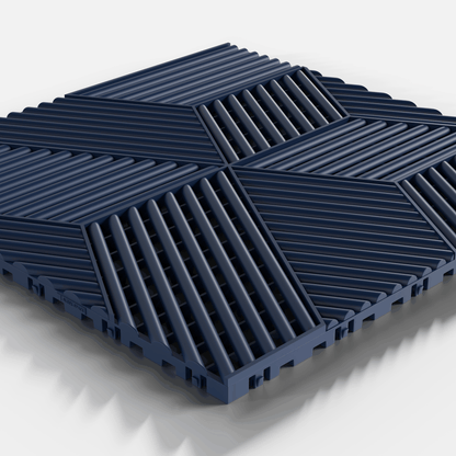 ULTRACUBE garage floor tile in Night Blue, single tile seen from a low angle