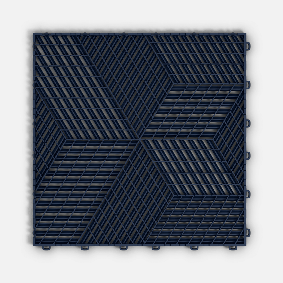 ULTRACUBE garage floor tile in Night Blue, underside showing the ventilation channels
