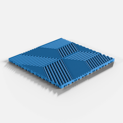 ULTRACUBE garage floor tile in Riviera Blue, single tile seen from a low angle, second view