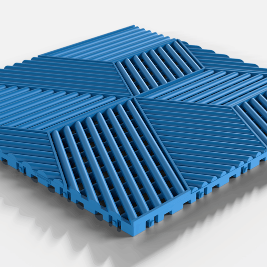 ULTRACUBE garage floor tile in Riviera Blue, single tile seen from a low angle