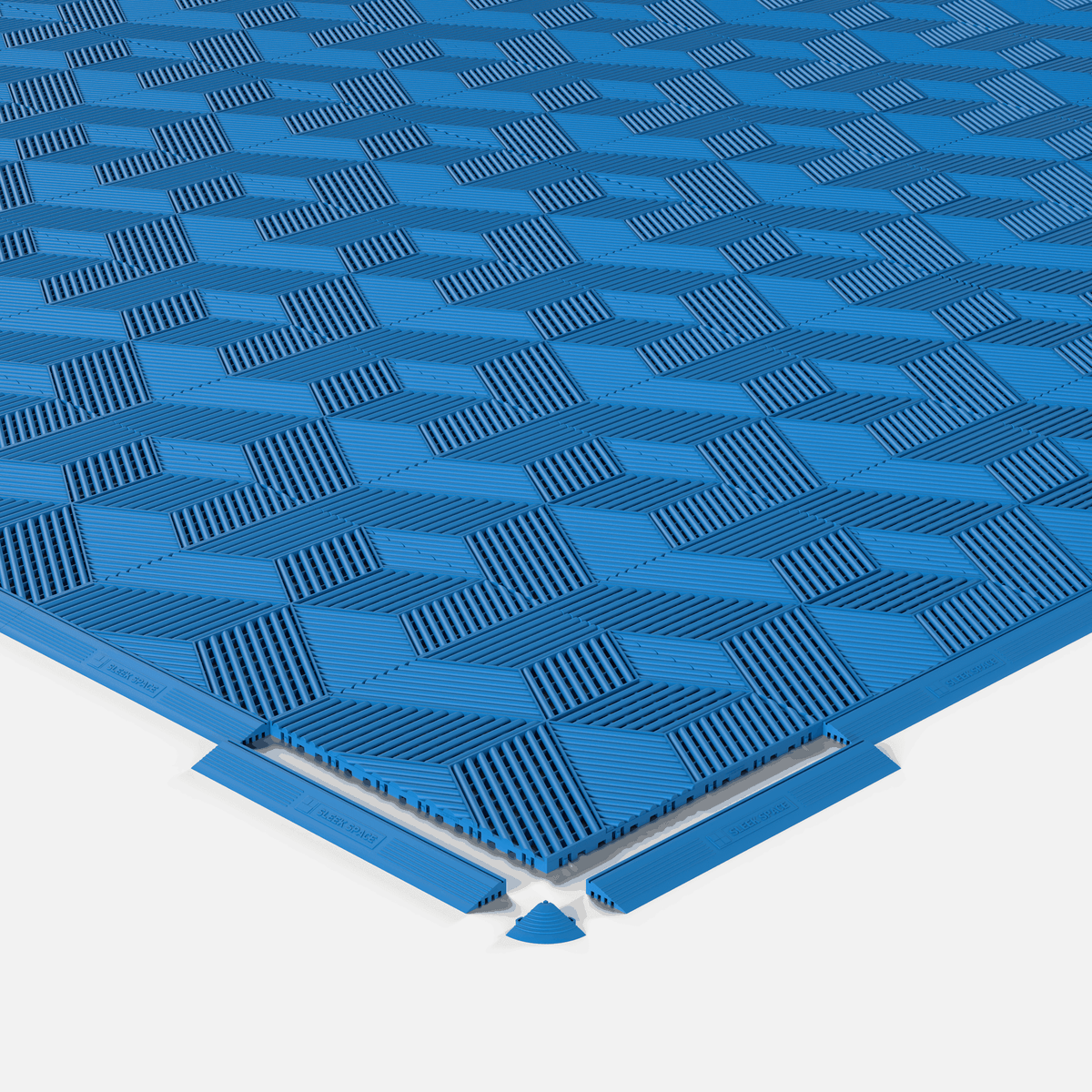 ULTRACUBE garage floor tile in Riviera Blue, shown with an edge ramp