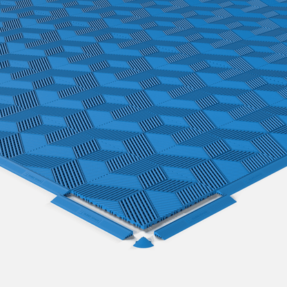 ULTRACUBE garage floor tile in Riviera Blue, shown with an edge ramp