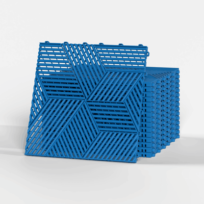 ULTRACUBE garage floor tile in Riviera Blue, a stack of tiles