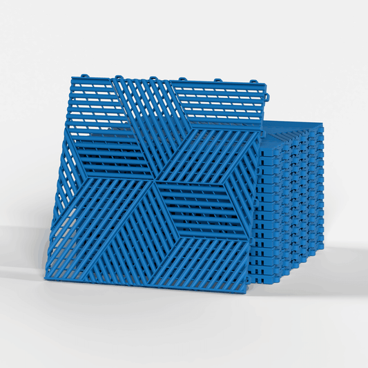 ULTRACUBE garage floor tile in Riviera Blue, a stack of tiles