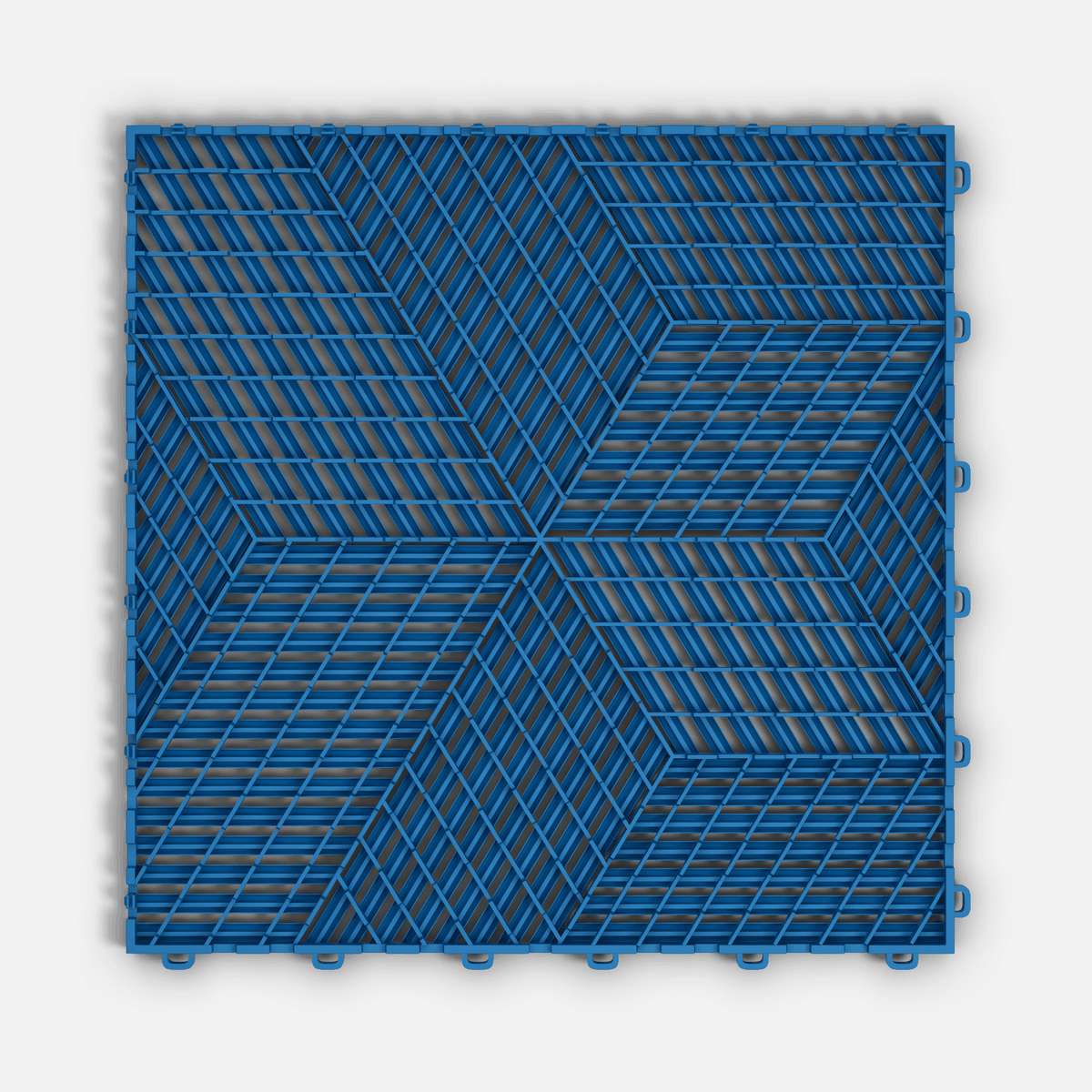 ULTRACUBE garage floor tile in Riviera Blue, underside showing the ventilation channels