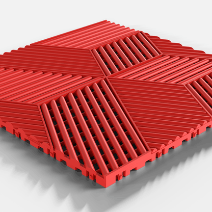 ULTRACUBE garage floor tile in Rosso Red, single tile seen from a low angle