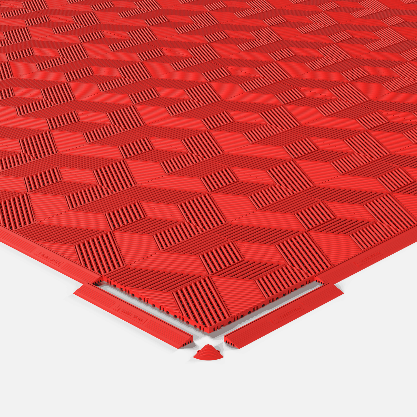 ULTRACUBE garage floor tile in Rosso Red, shown with an edge ramp