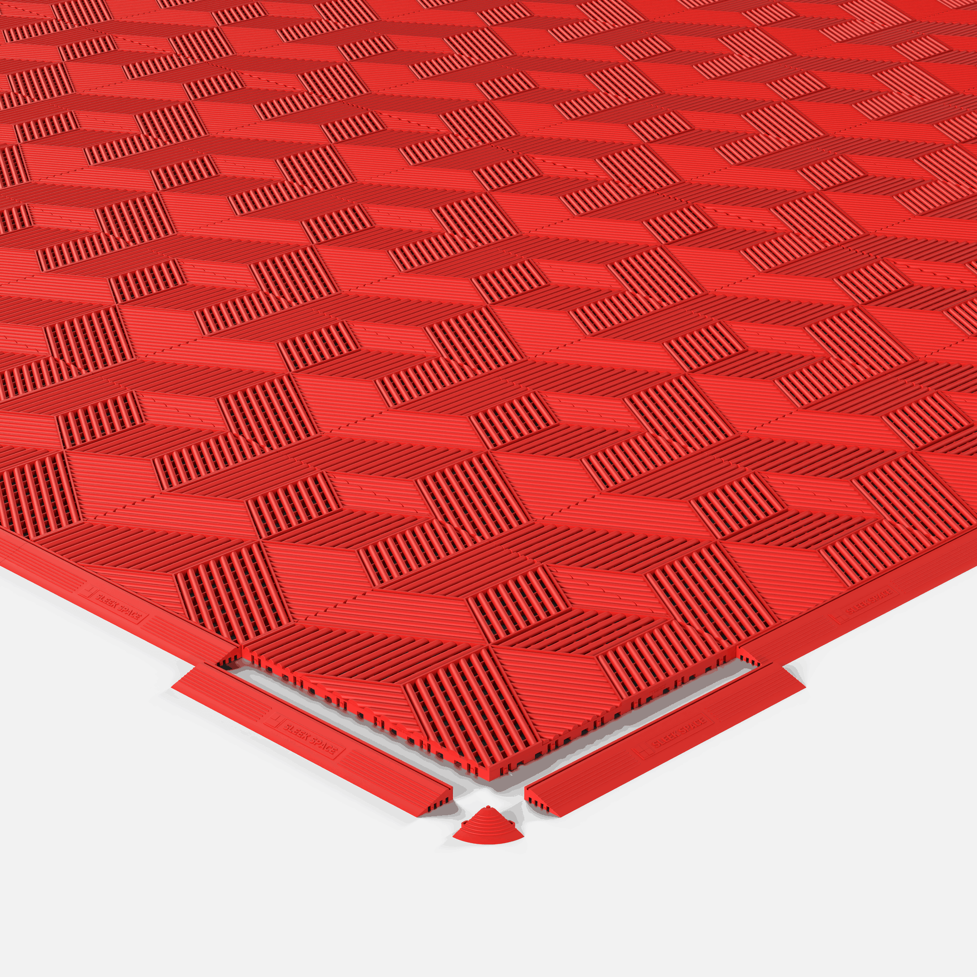 ULTRACUBE garage floor tile in Rosso Red, shown with an edge ramp