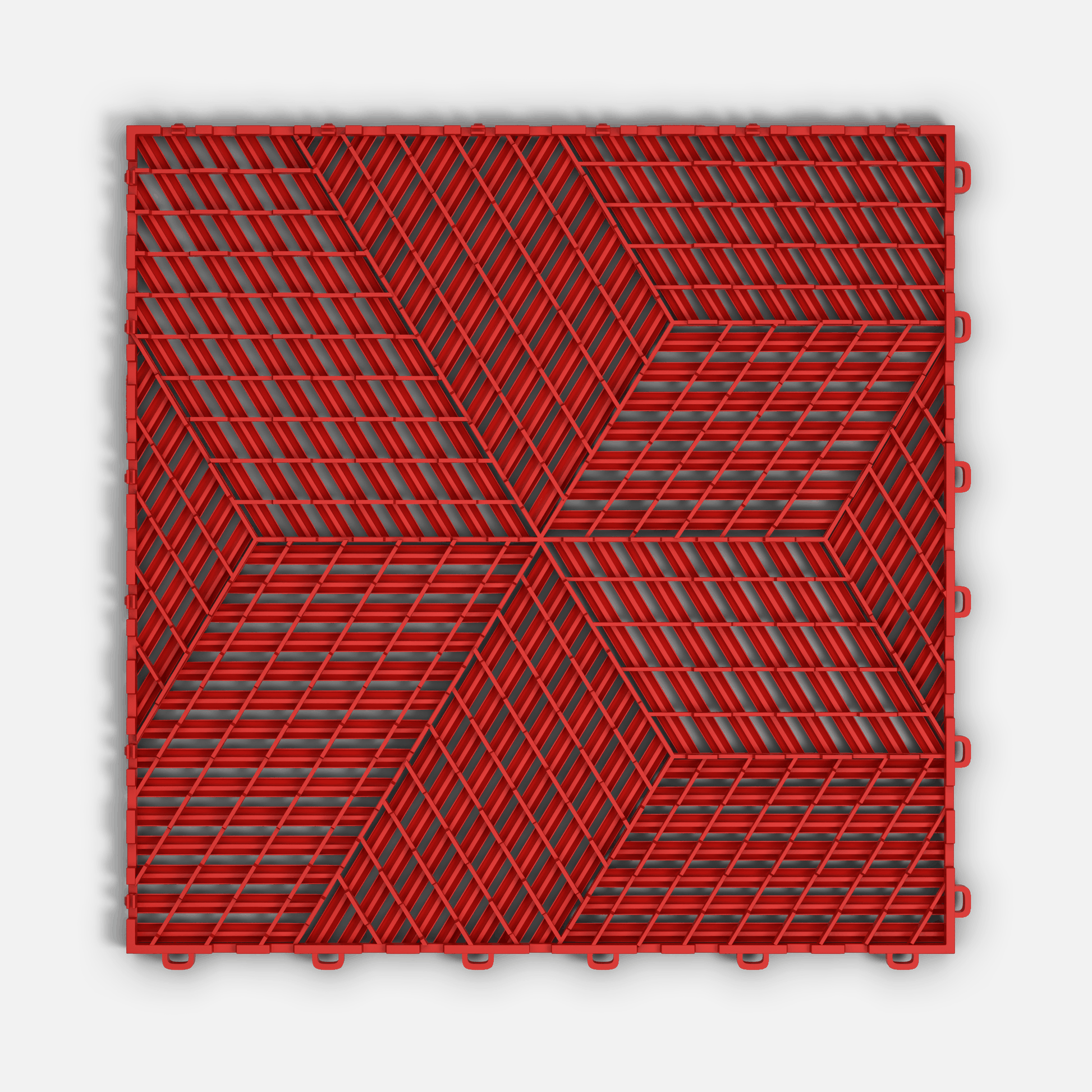 ULTRACUBE garage floor tile in Rosso Red, underside showing the ventilation channels