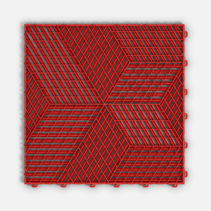 ULTRACUBE garage floor tile in Rosso Red, underside showing the ventilation channels