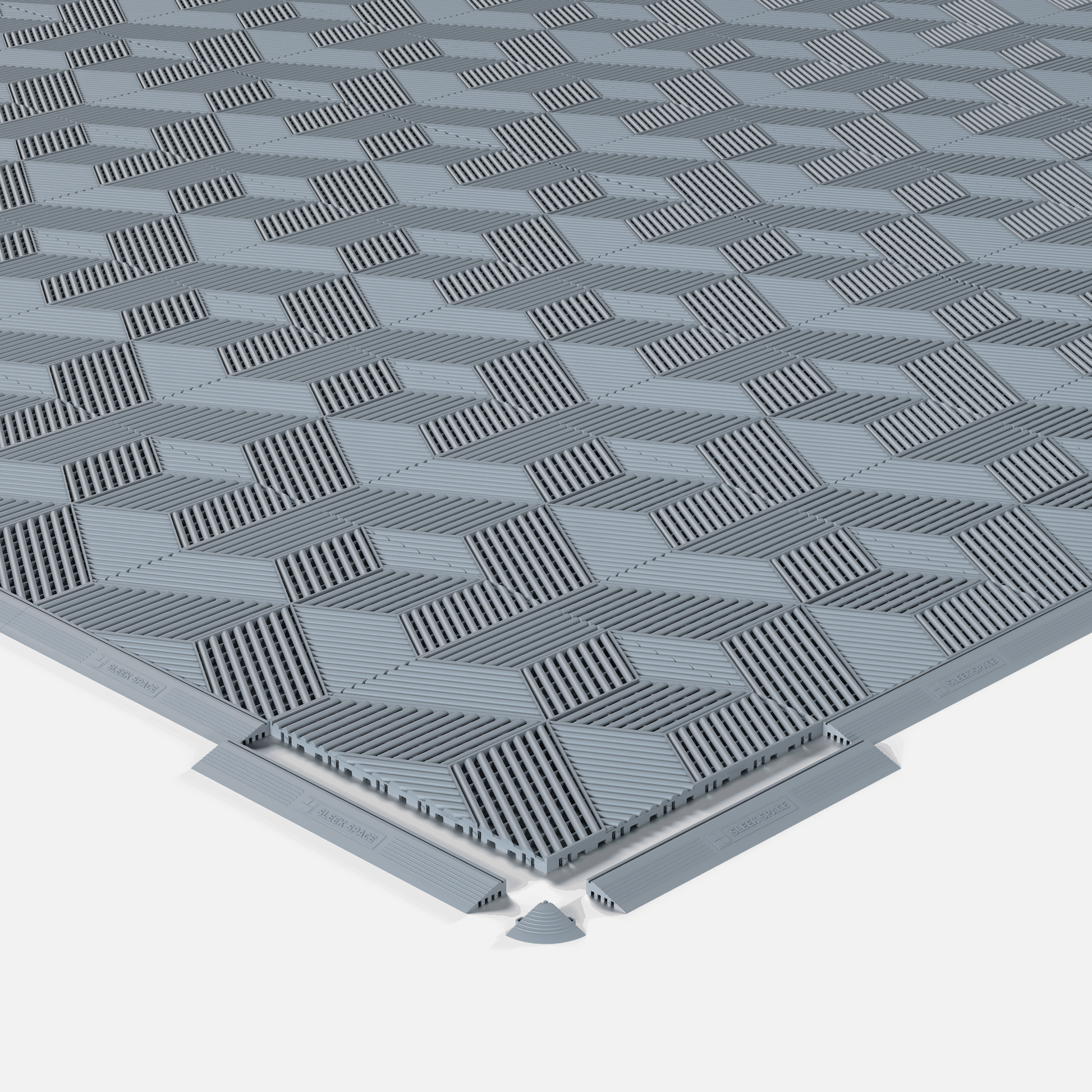 ULTRACUBE garage floor tile in Silver Grey, shown with an edge ramp