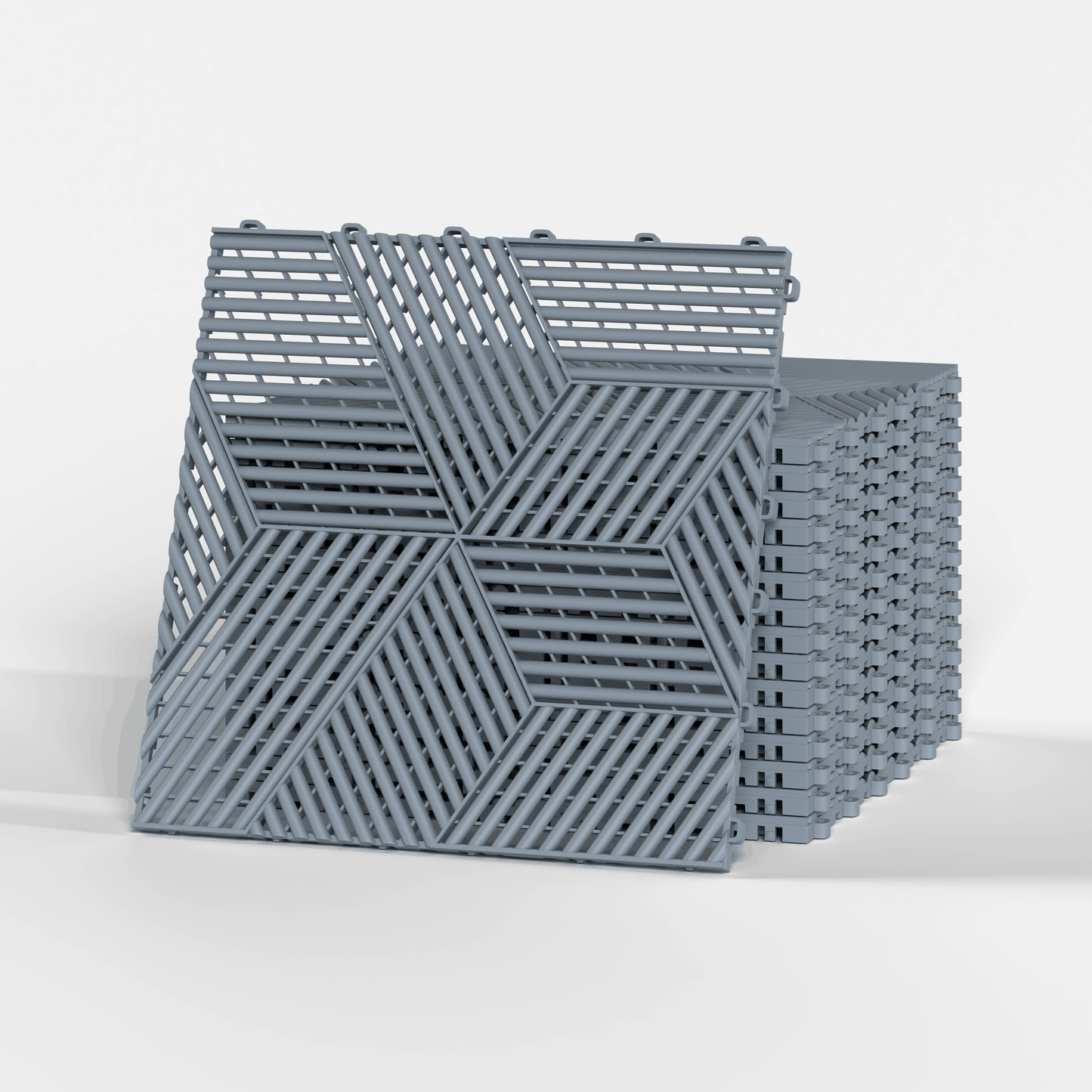 ULTRACUBE garage floor tile in Silver Grey, a stack of tiles
