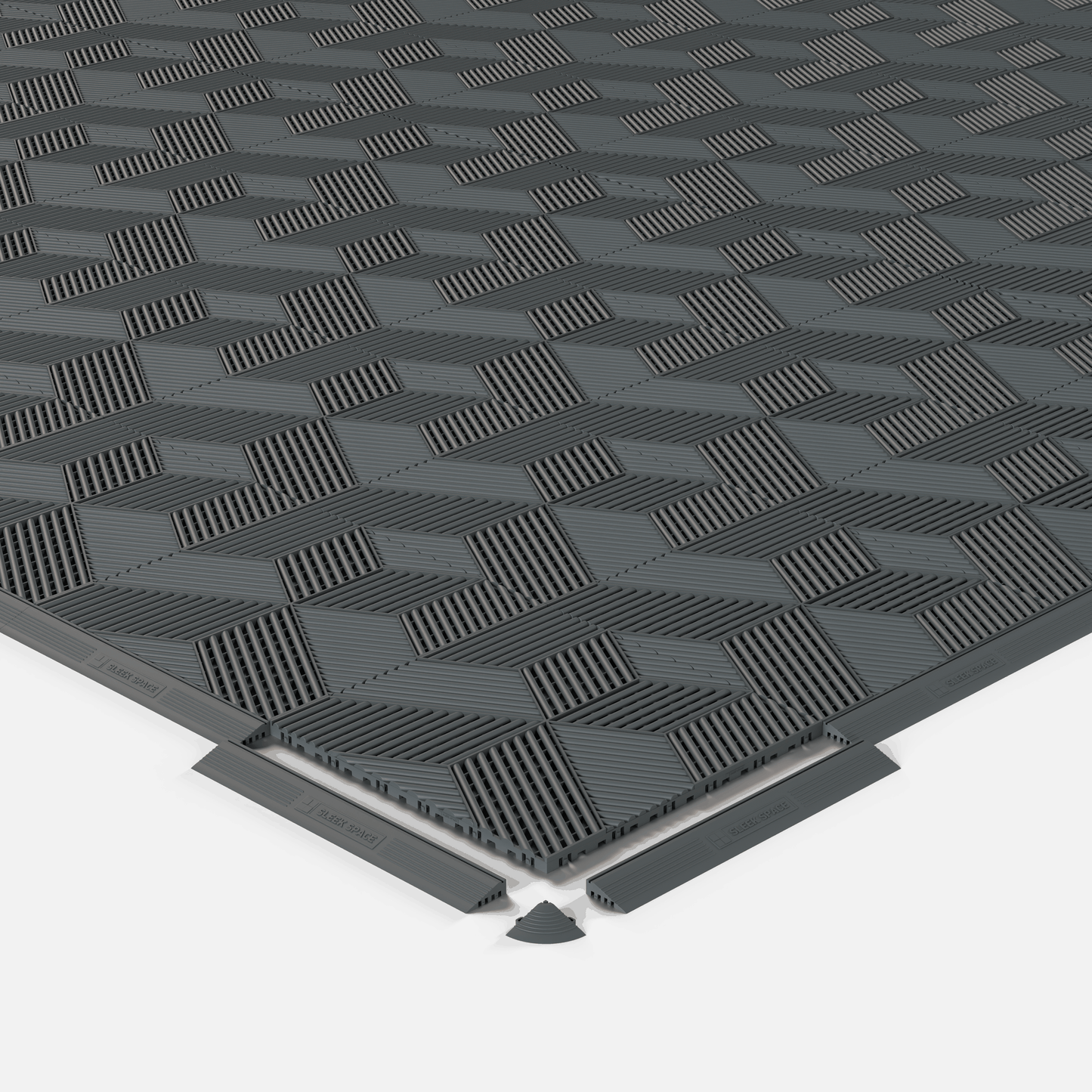 ULTRACUBE garage floor tile in Space Grey, shown with an edge ramp