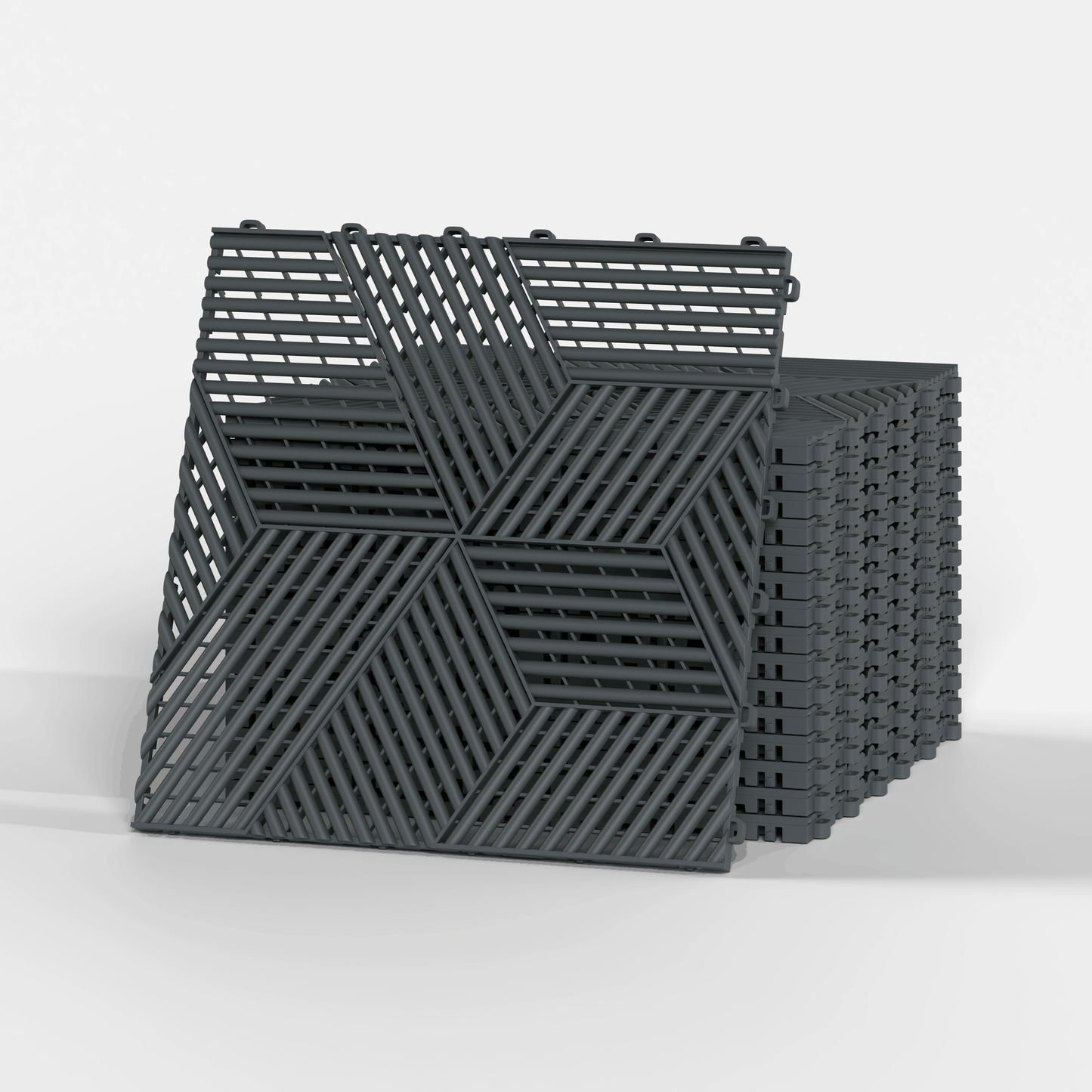 ULTRACUBE garage floor tile in Space Grey, a stack of tiles