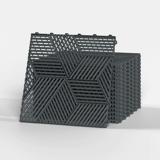ULTRACUBE garage floor tile in Space Grey, a stack of tiles
