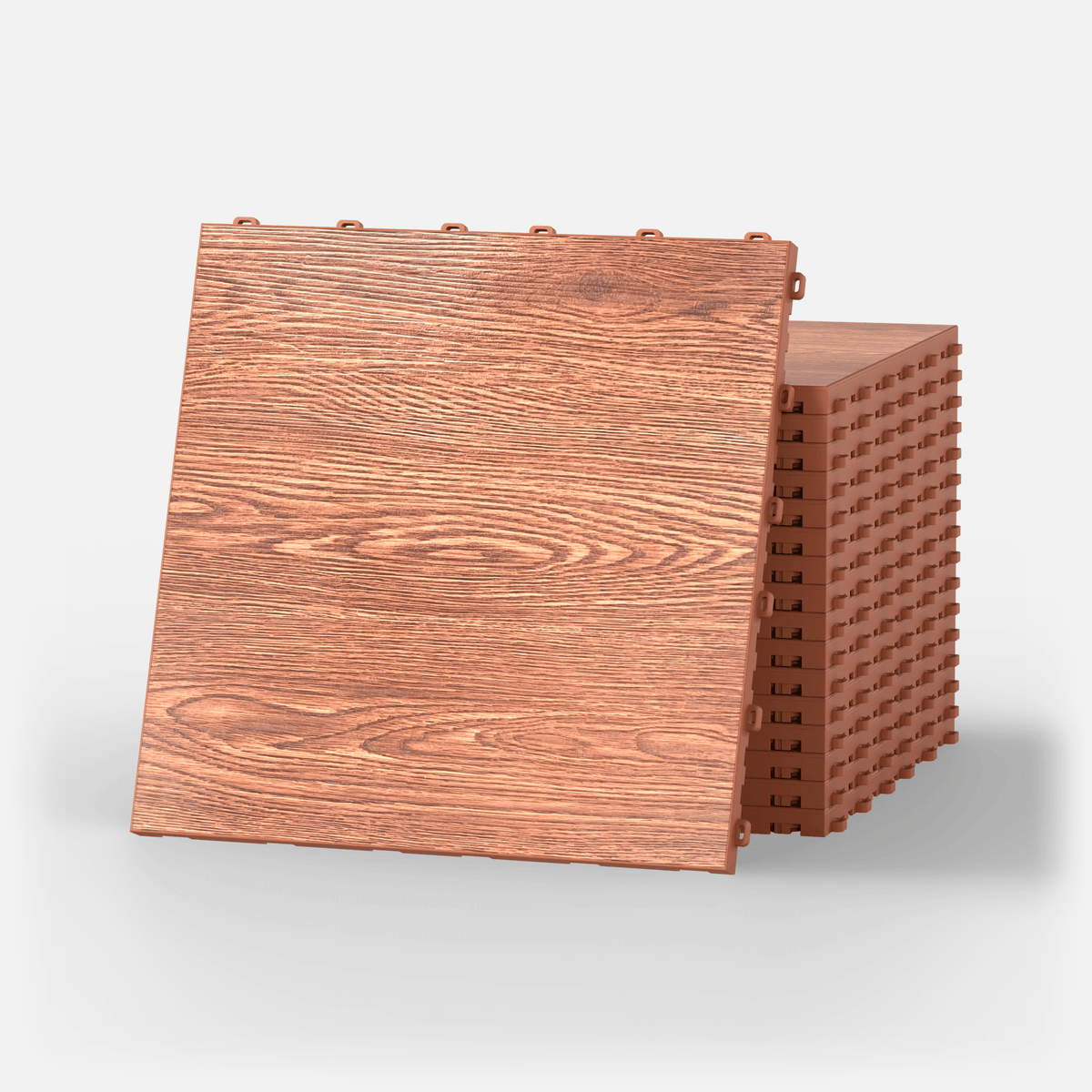 ULTRADECO modular floor tile in Copper Oak, a stack of tiles