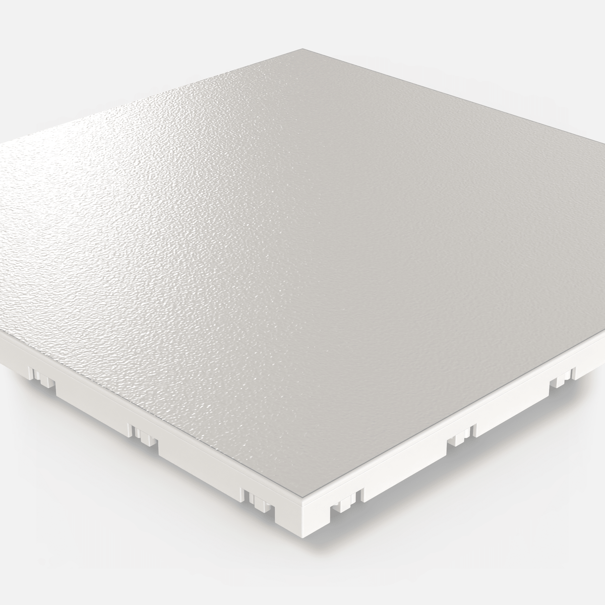ULTRADECO modular floor tile in Frost White, single tile seen from a low angle