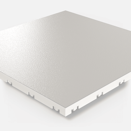 ULTRADECO modular floor tile in Frost White, single tile seen from a low angle