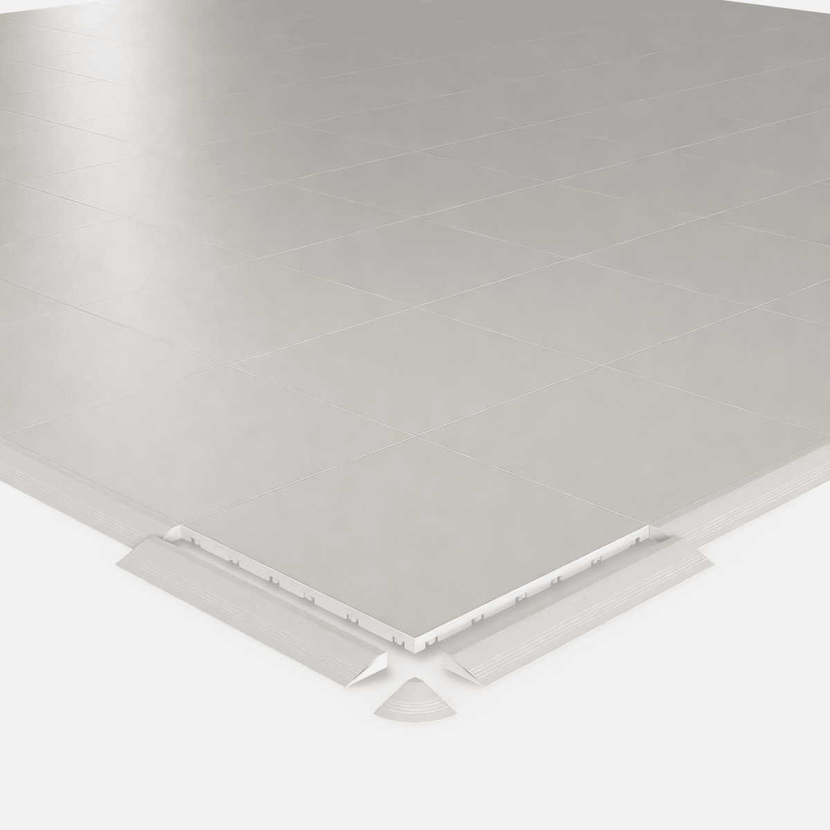 ULTRADECO modular floor tile in Frost White, shown with an edge ramp