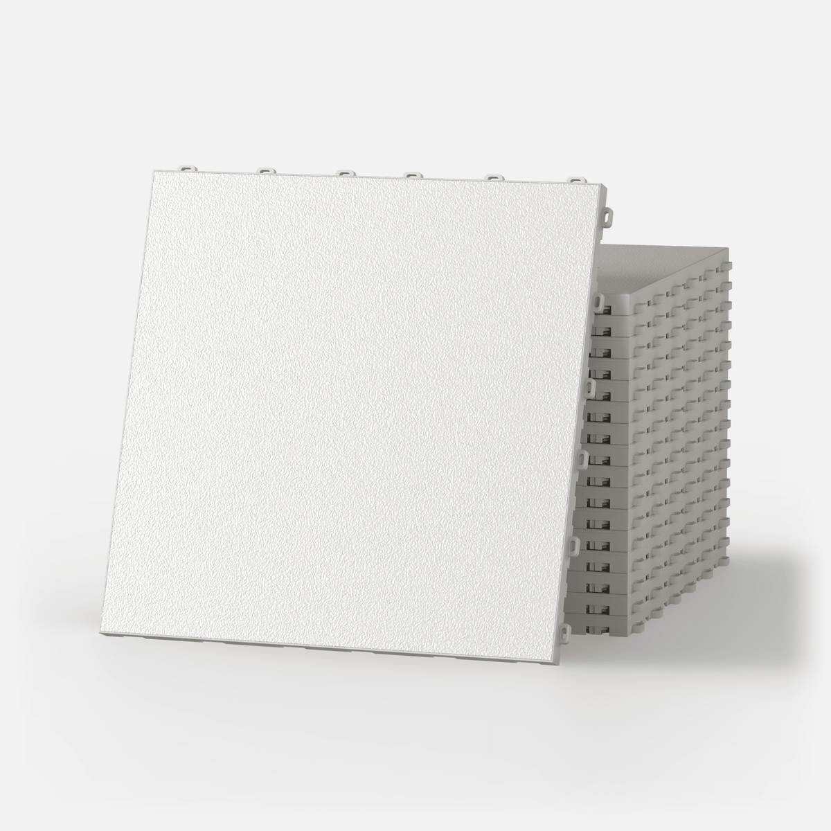 ULTRADECO modular floor tile in Frost White, a stack of tiles