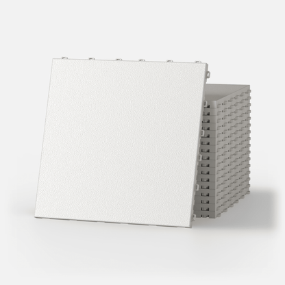 ULTRADECO modular floor tile in Frost White, a stack of tiles