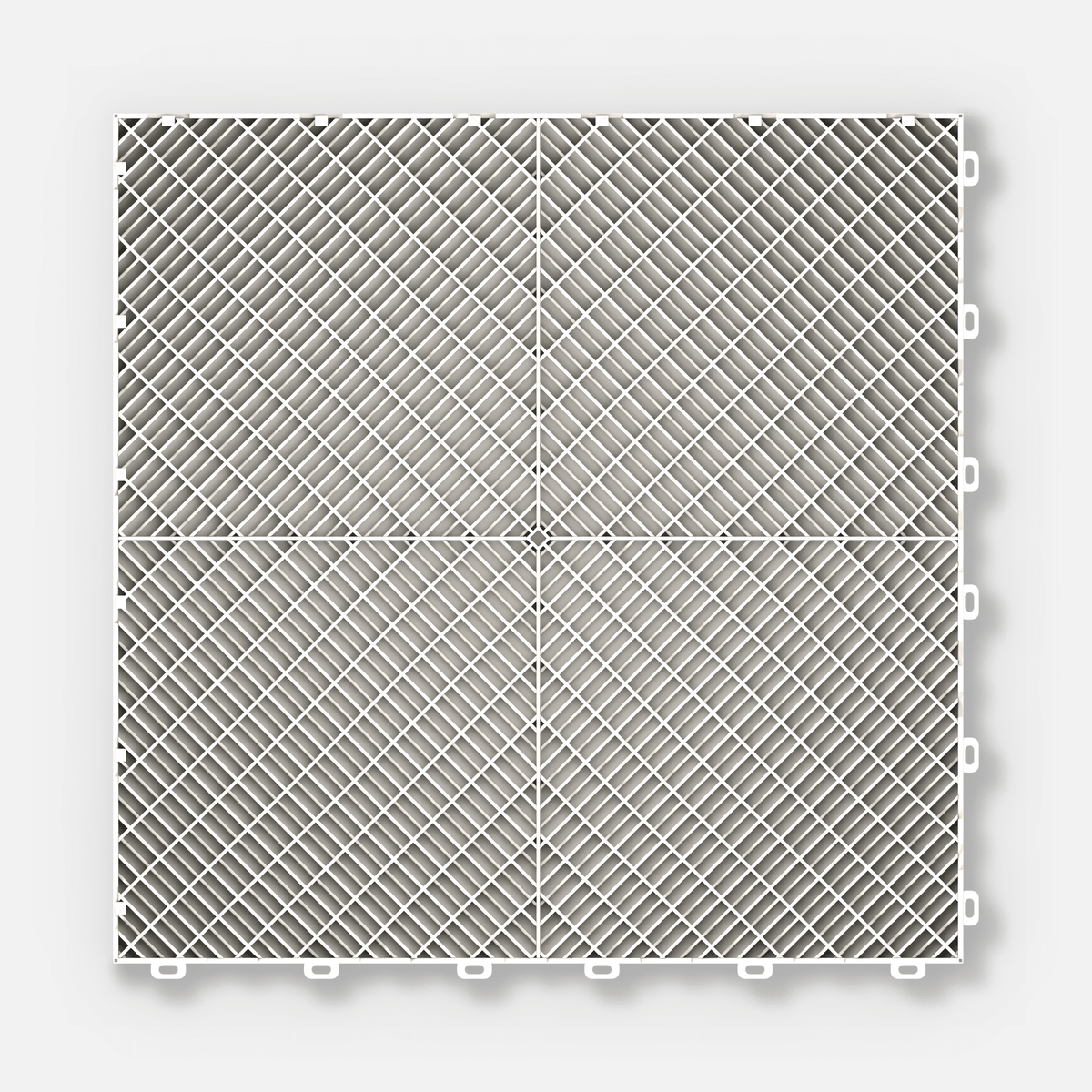 ULTRADECO modular floor tile in Frost White, underside showing the diamond support lattice