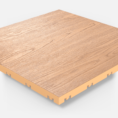ULTRADECO modular floor tile in Honey Oak, single tile seen from a low angle