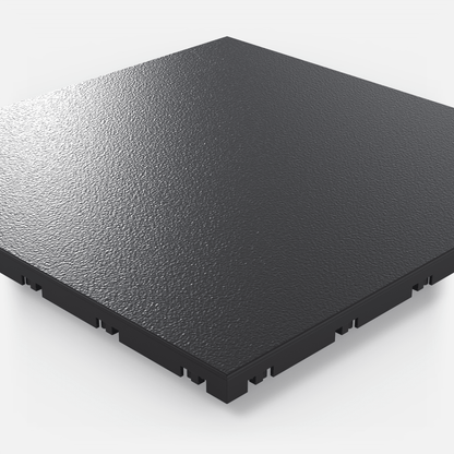 ULTRADECO modular floor tile in Onyx Black, single tile seen from a low angle