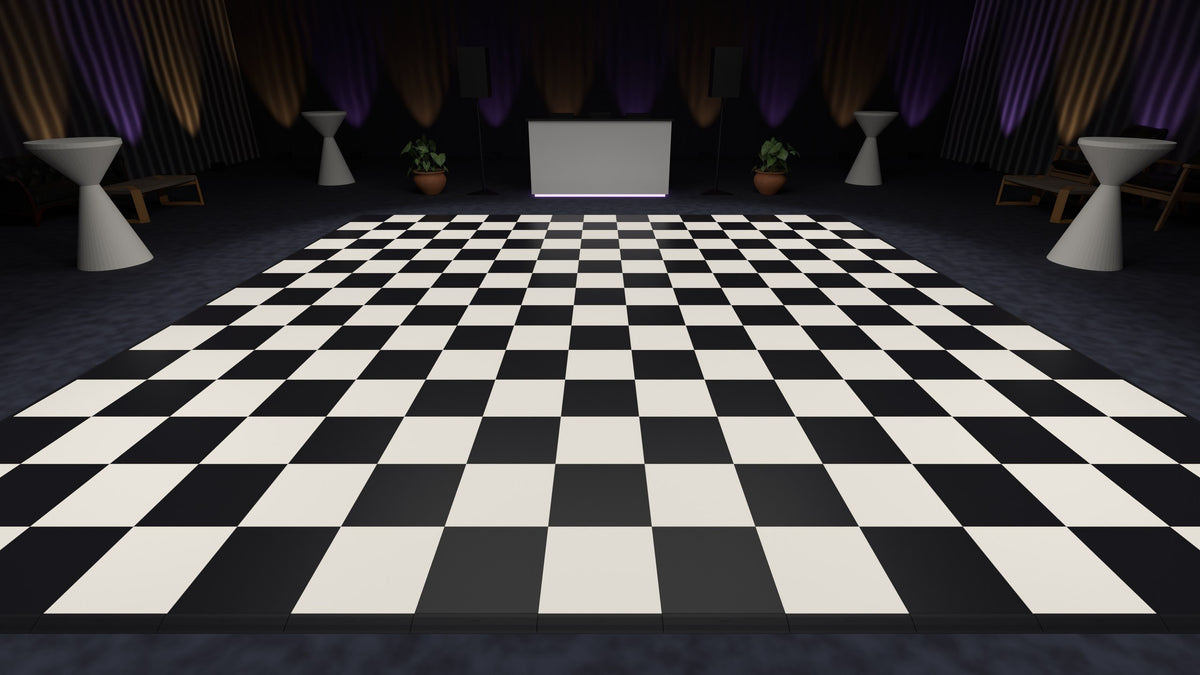 ULTRADECO modular floor tiles in Onyx Black and Frost White, laid as a chequered dance floor