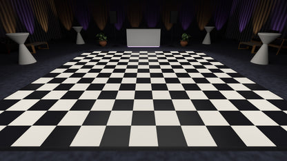 ULTRADECO modular floor tiles in Onyx Black and Frost White, laid as a chequered dance floor