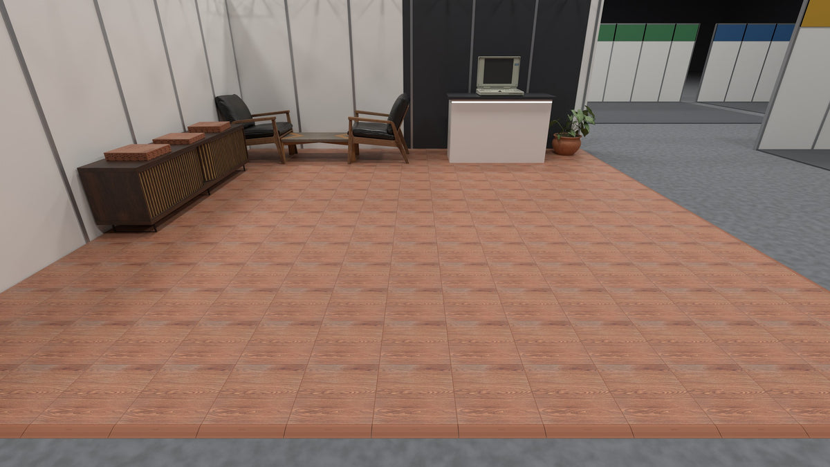 ULTRADECO modular floor tile in Copper Oak, laid as a trade show stand