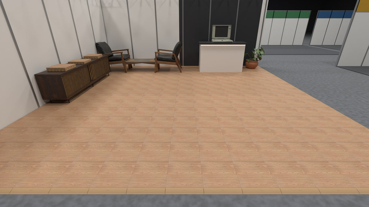ULTRADECO modular floor tile in Honey Oak, laid as a trade show stand