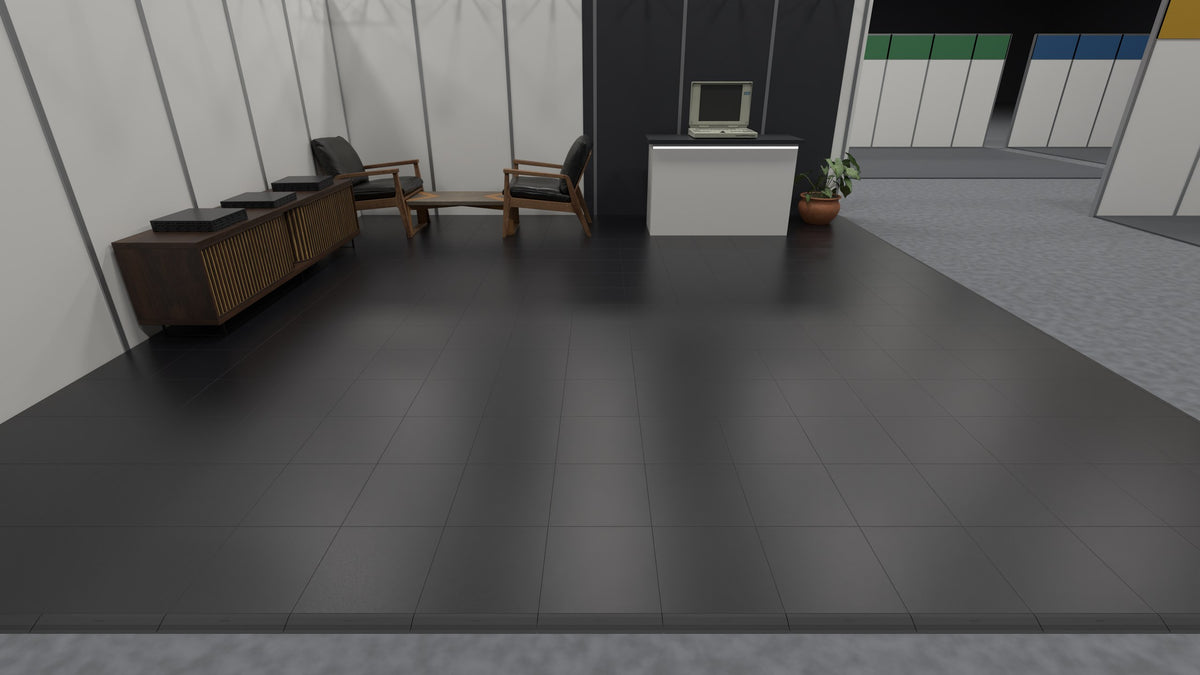 ULTRADECO modular floor tile in Onyx Black, laid as a trade show stand