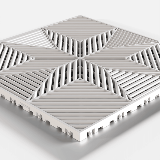 ULTRAFLUX garage floor tile in Glacier Grey, single tile seen from a low angle