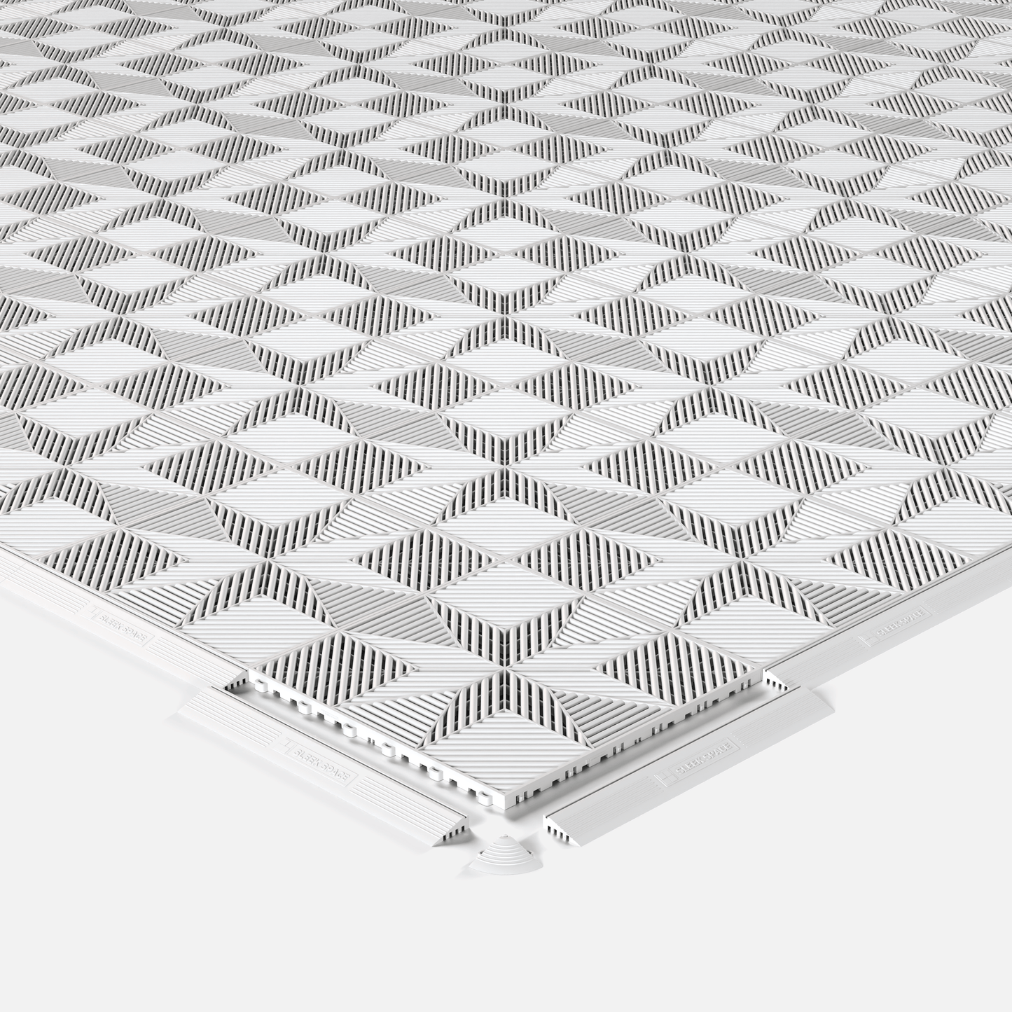 ULTRAFLUX garage floor tile in Glacier Grey, shown with an edge ramp