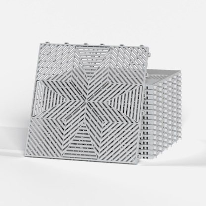 ULTRAFLUX garage floor tile in Glacier Grey, a stack of tiles