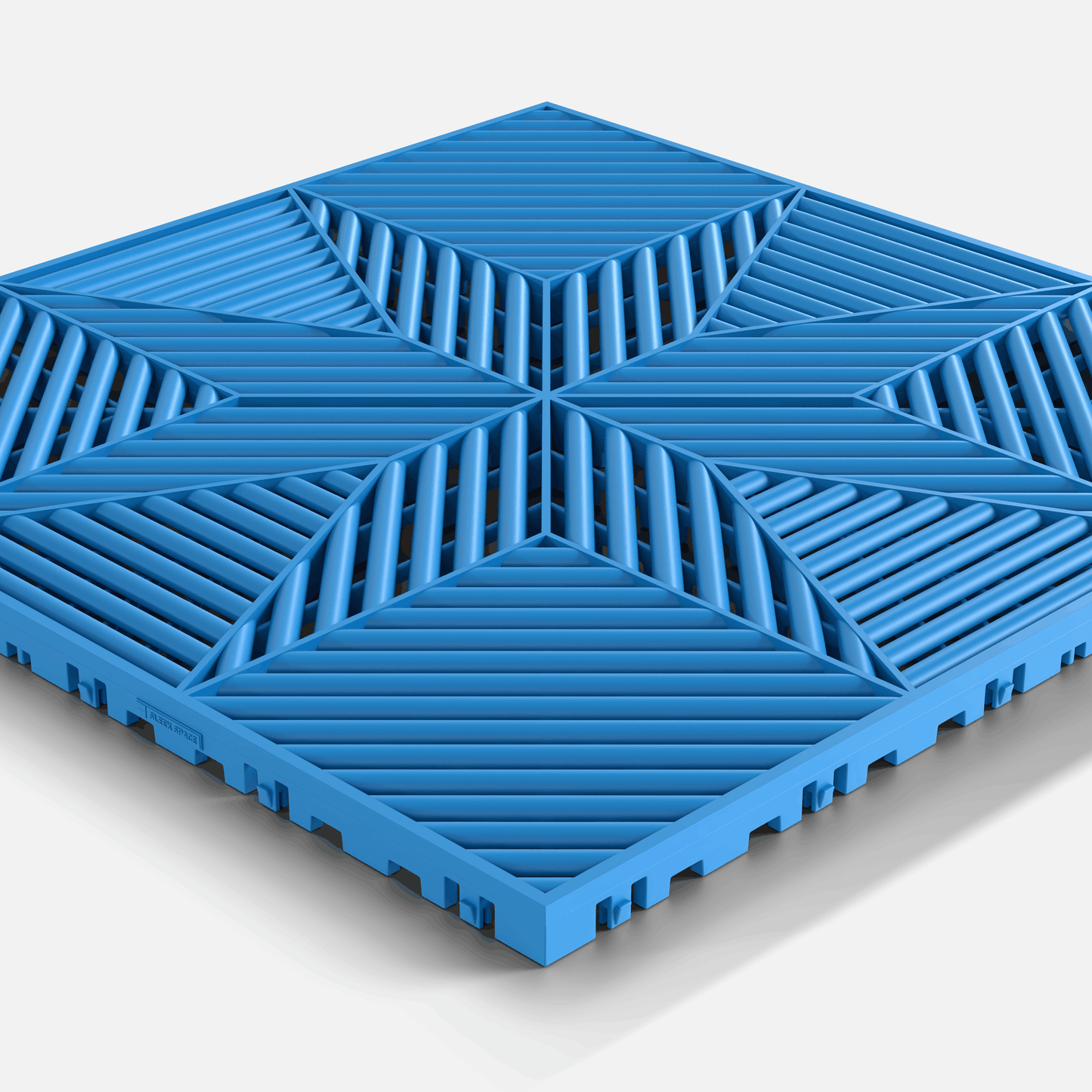 ULTRAFLUX garage floor tile in Riviera Blue, single tile seen from a low angle
