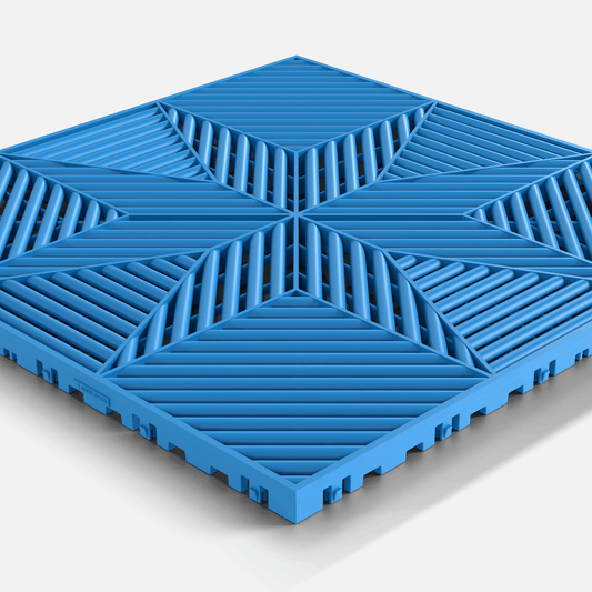 ULTRAFLUX garage floor tile in Riviera Blue, single tile seen from a low angle