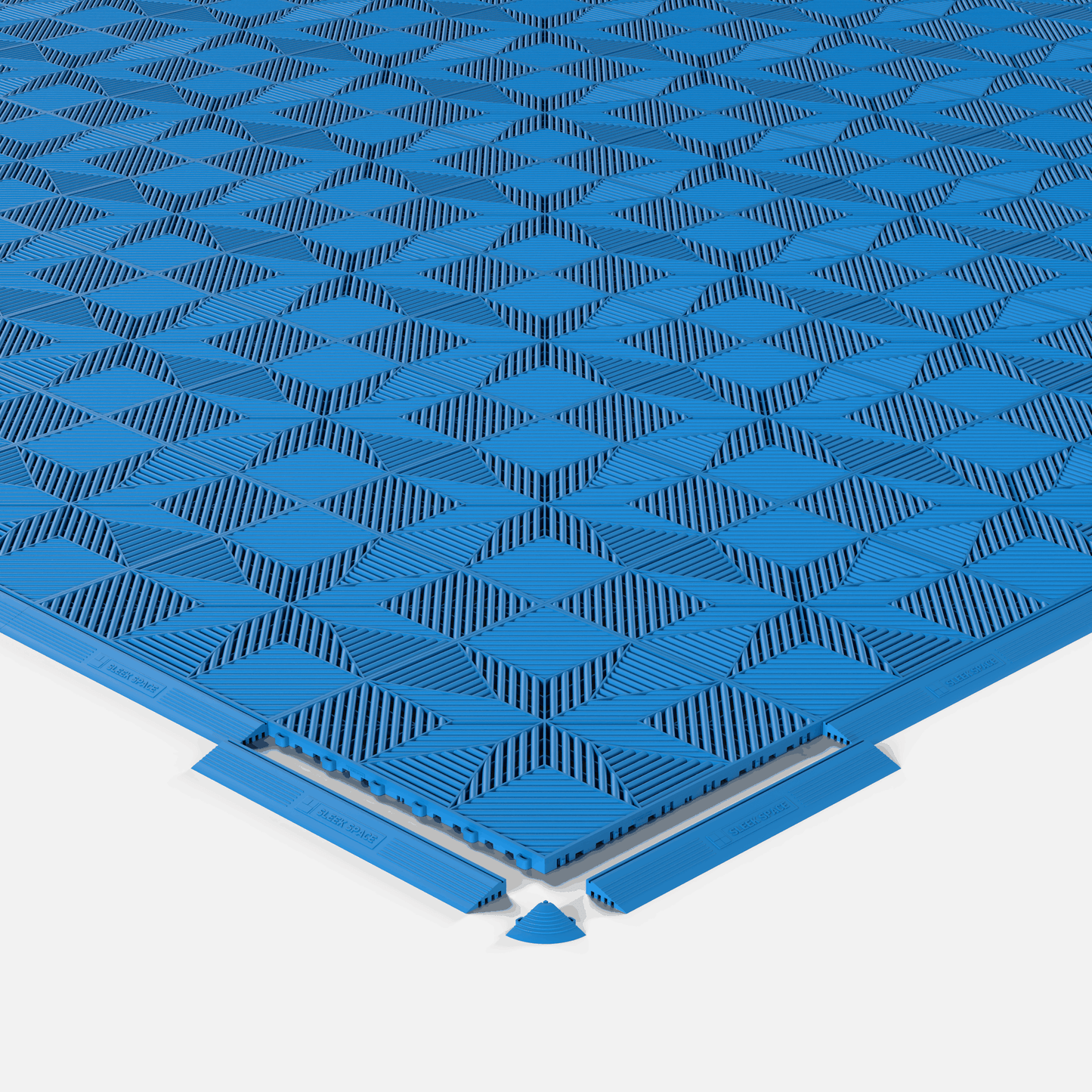 ULTRAFLUX garage floor tile in Riviera Blue, shown with an edge ramp