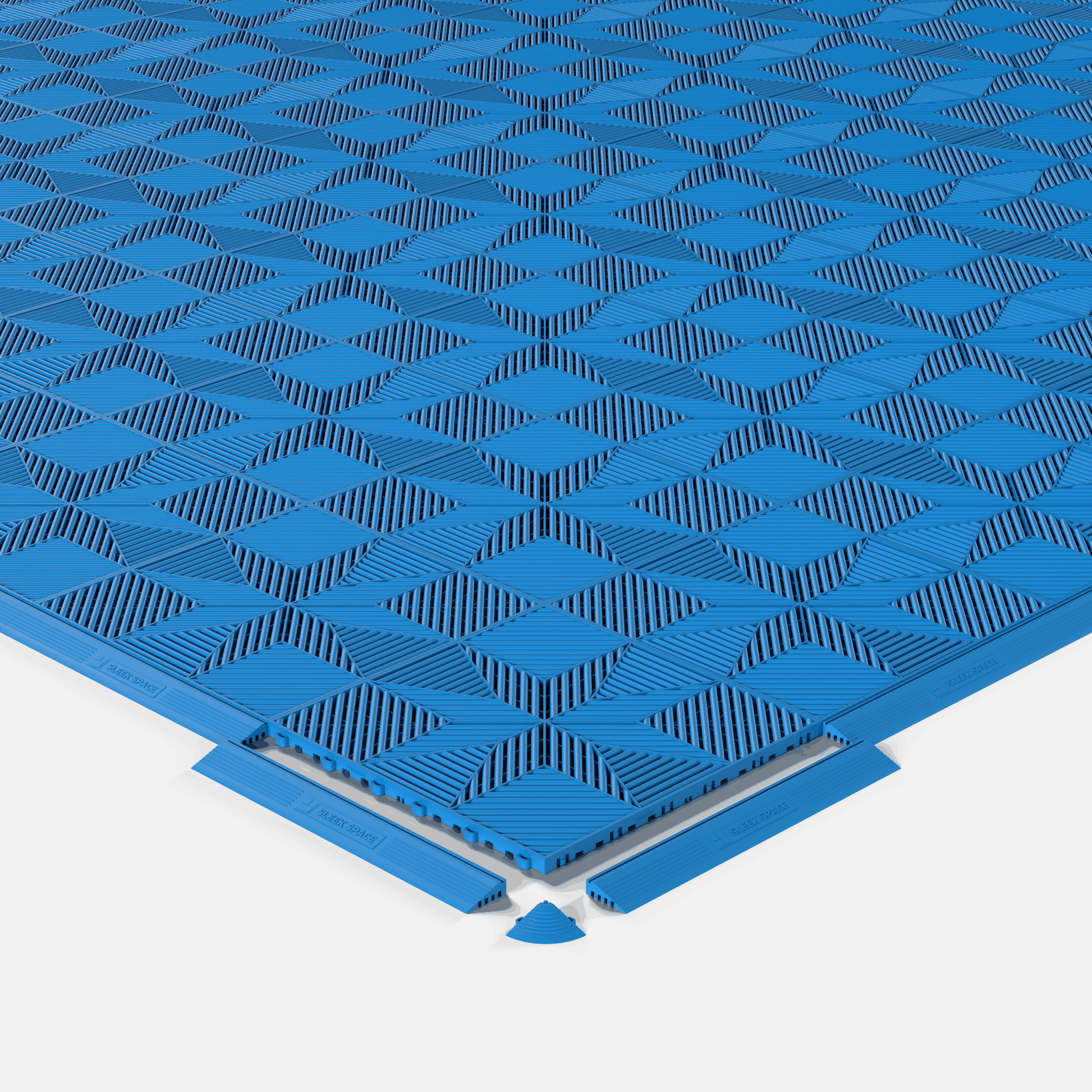 ULTRAFLUX garage floor tile in Riviera Blue, shown with an edge ramp