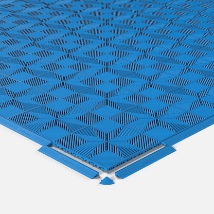 ULTRAFLUX garage floor tile in Riviera Blue, shown with an edge ramp