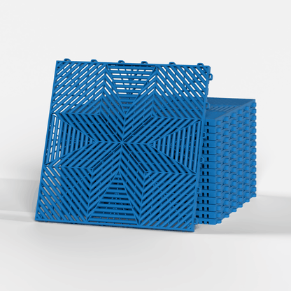 ULTRAFLUX garage floor tile in Riviera Blue, a stack of tiles