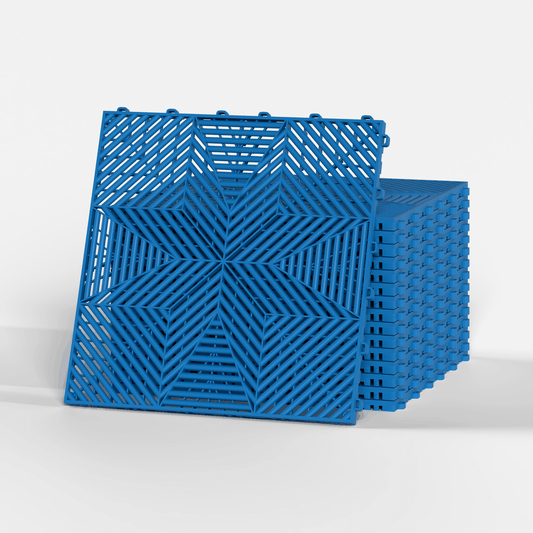 ULTRAFLUX garage floor tile in Riviera Blue, a stack of tiles