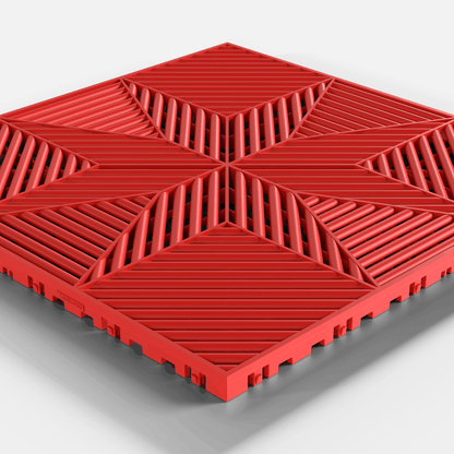 ULTRAFLUX garage floor tile in Rosso Red, single tile seen from a low angle