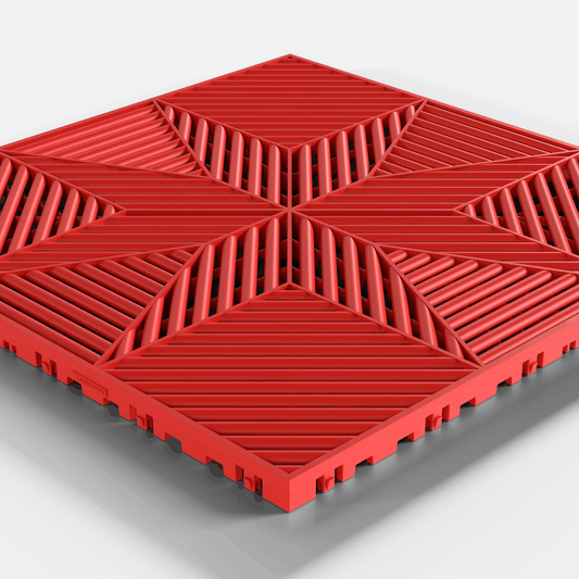 ULTRAFLUX garage floor tile in Rosso Red, single tile seen from a low angle